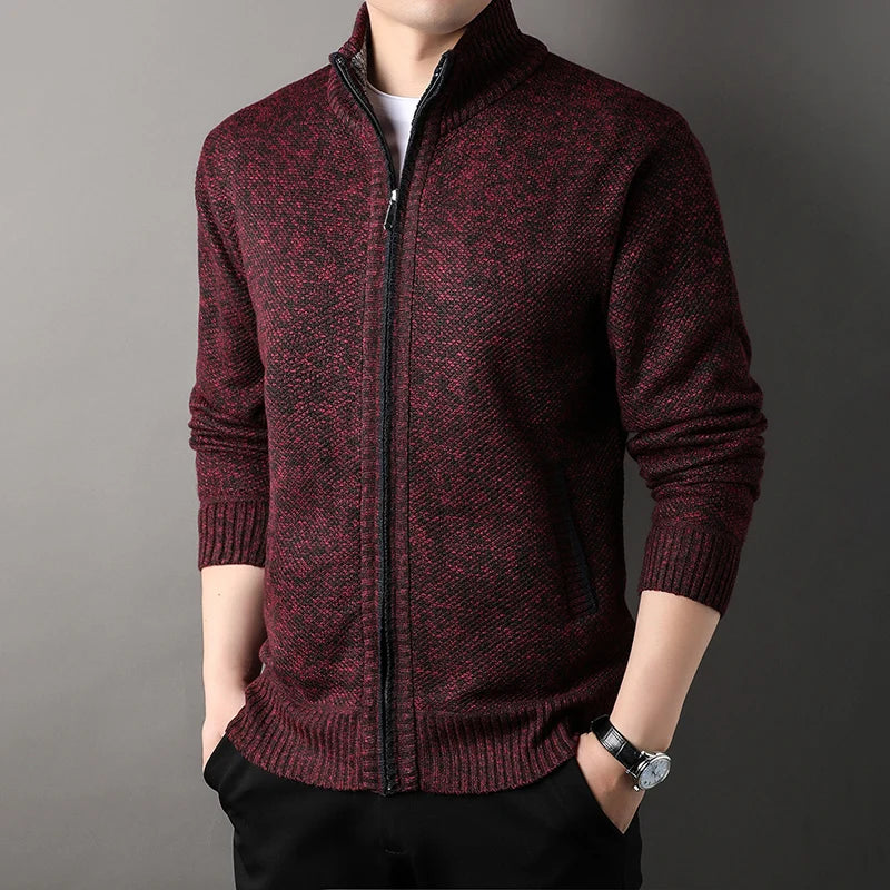 Suéter Masculino Cardigan Gola Alta VILLTRUM – Elegância Slim Fit Outono/Inverno