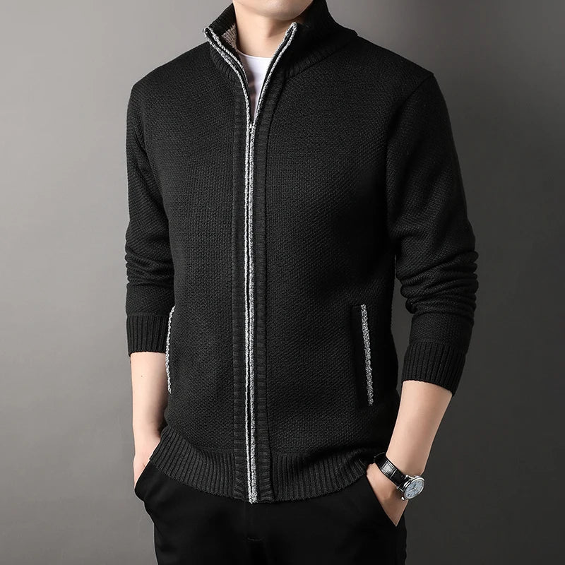 Suéter Masculino Cardigan Gola Alta VILLTRUM – Elegância Slim Fit Outono/Inverno